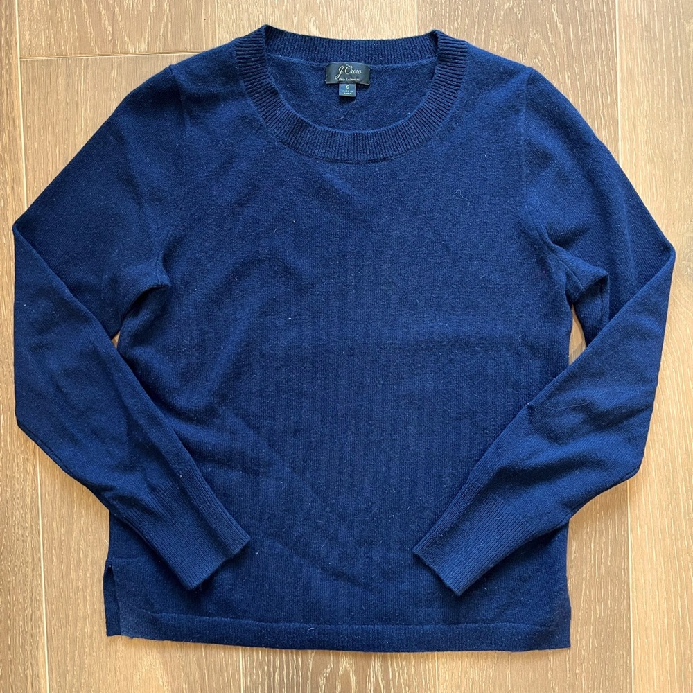 J. Crew 100% Cashmere Sweater Classic Crewneck Size Small Navy Blue